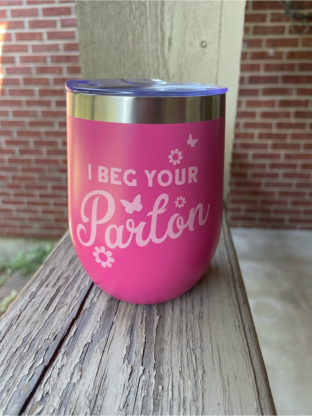 Hot Pink Dolly Parton Insulated Wine Tumbler with 'I Beg Your Parton' Design